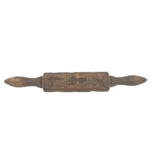 Antique Hand Carved Wooden Springerle Rolling Pin Bird Fish Folk Art Relief